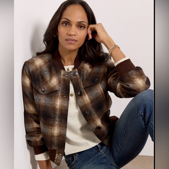 Kut from the Kloth Women's Brown and Cream Plaid Bomber Jacket - Picture 2 of 3